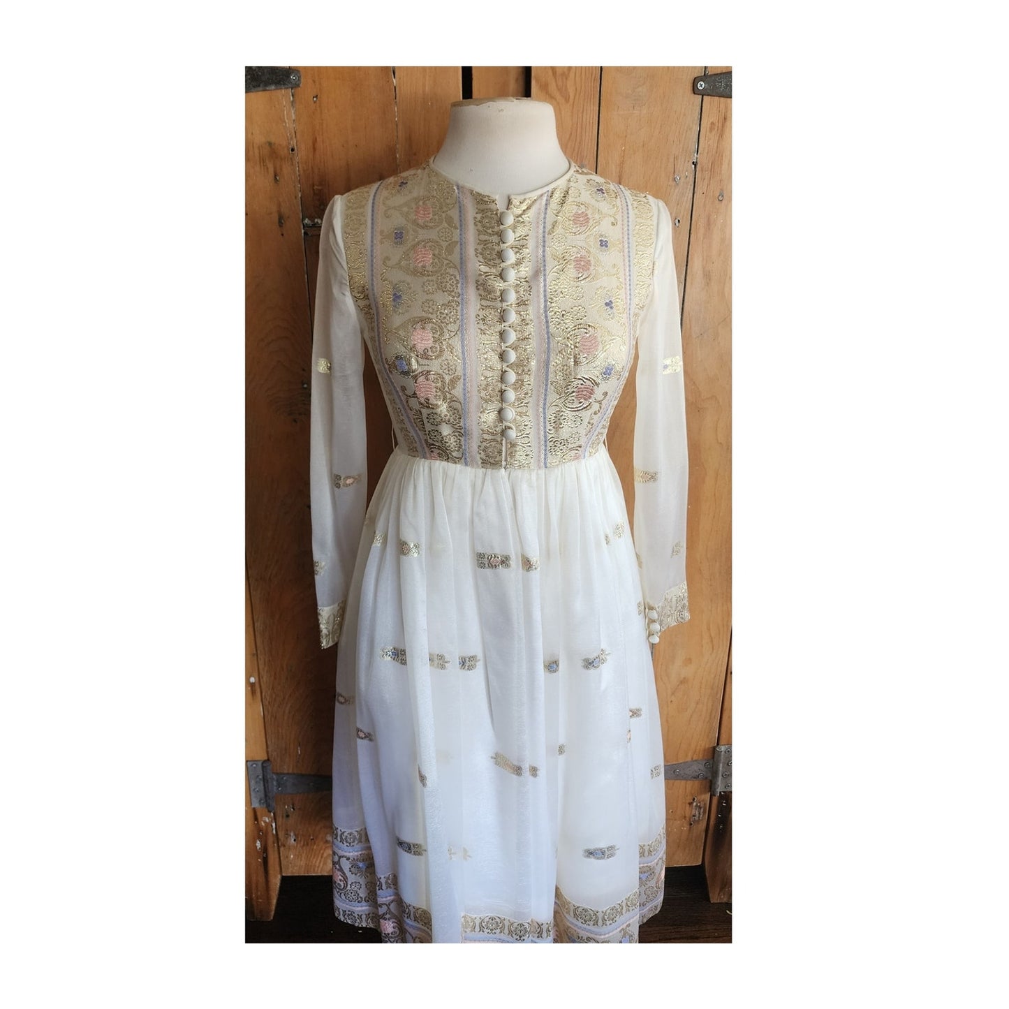 Vintage 1970s Exotic Party Dress Gold Lurex White Organza Chuck Howard