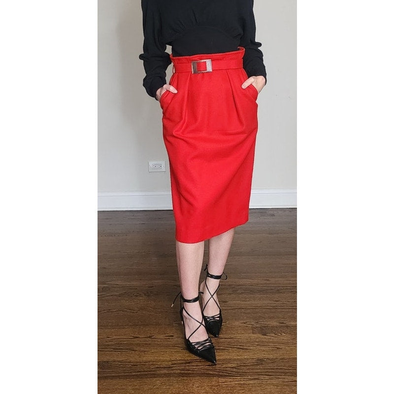 Vintage 1980s Red Wool Knee Skirt Guy Laroche Boutique Paperbag Waist + Belt