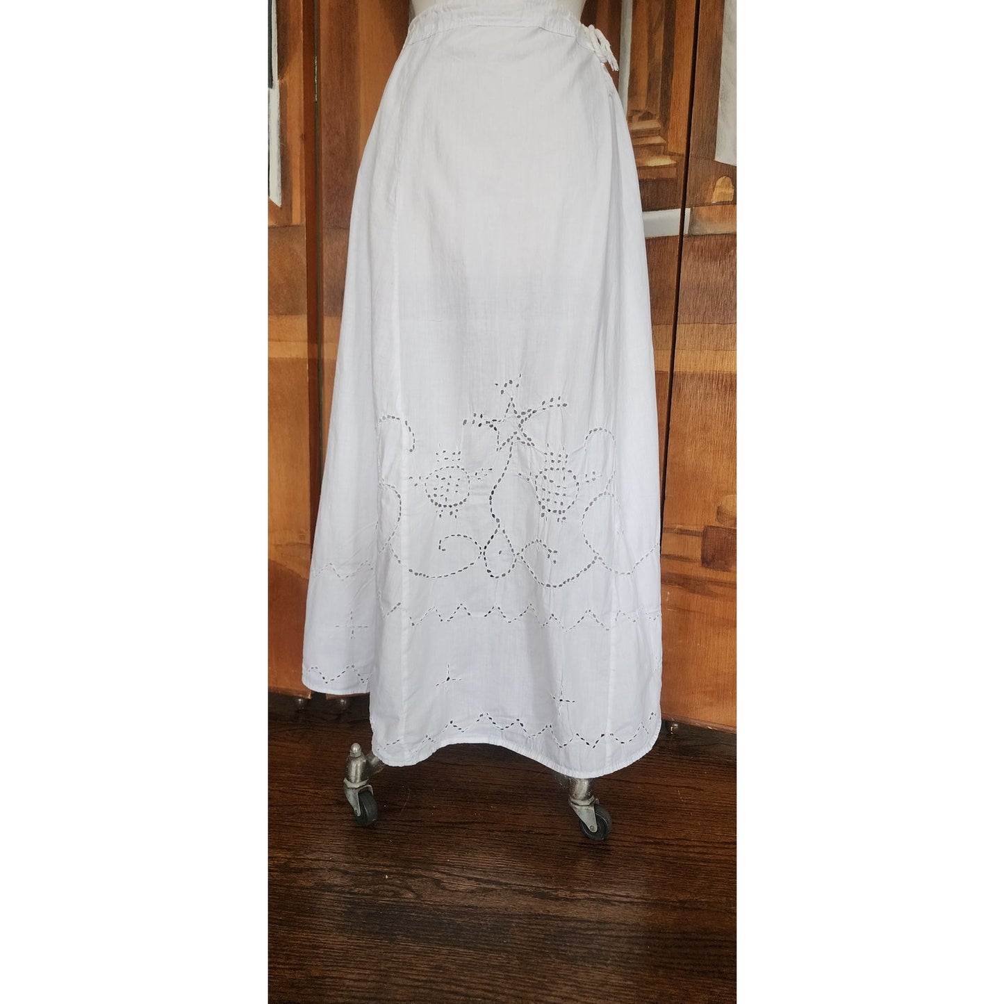 Antique Edwardian Embroidered Petticoat Skirt Underskirt White Cotton Drawstring Waist L