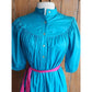 Vintage 80s Blue Day Dress Puffed Sleeves Pink Belt Betsy's Things