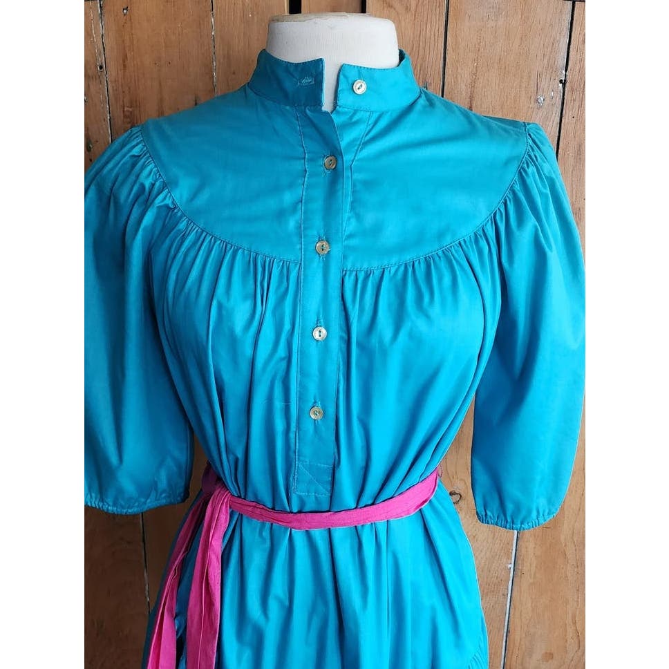 Vintage 80s Blue Day Dress Puffed Sleeves Pink Belt Betsy's Things