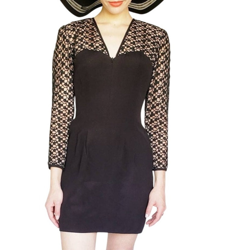 Vintage 1980s Black Party Dress Crochet Lace Nude Illusion Long Sleeved Kathryn Dianos Zip Front