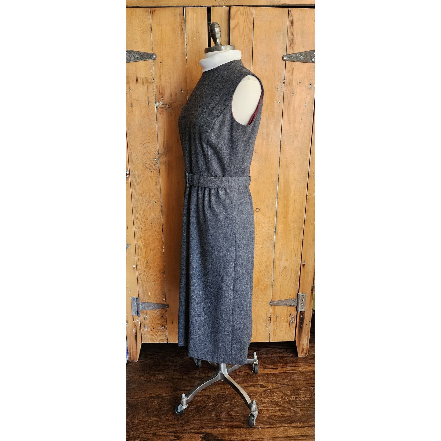 Vintage 60s Gray Wool Day Dress Belted Sleeveless Stephan Casuals