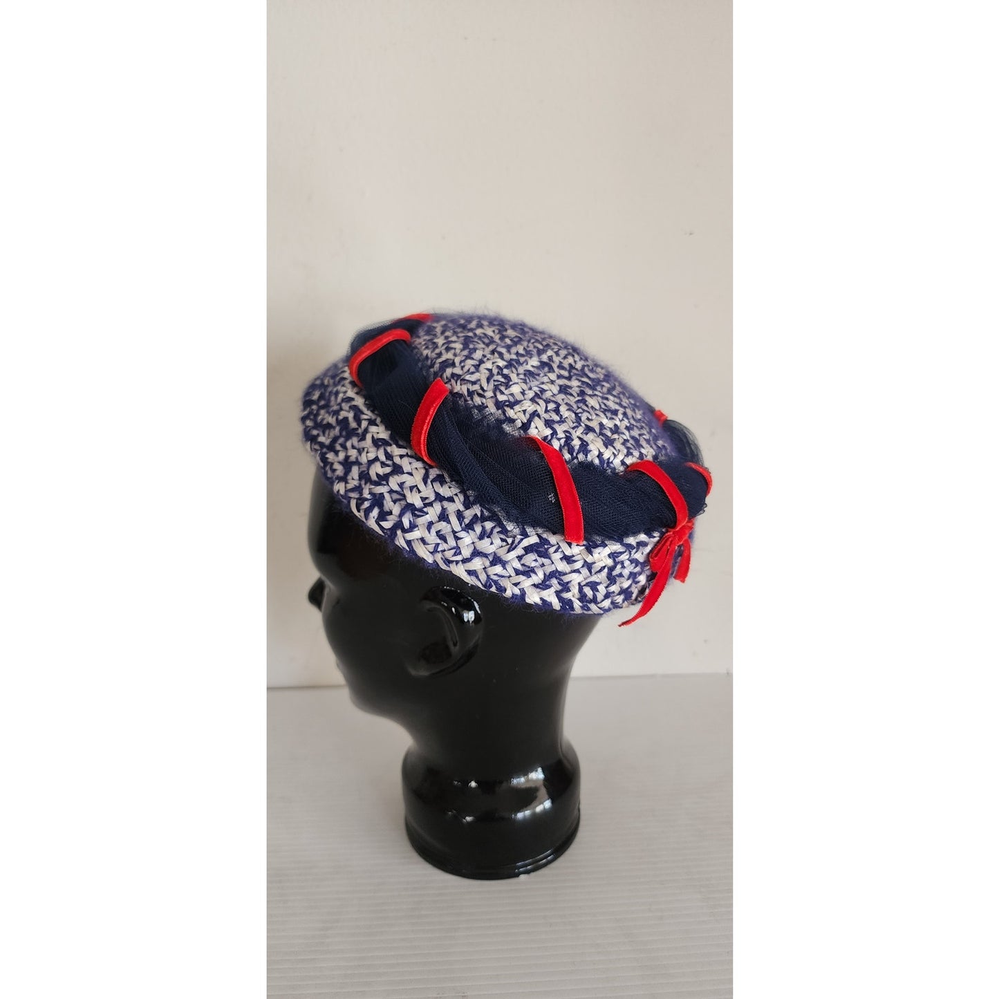 Vintage 50s Knit Beanie Hat Navy Blue Red White