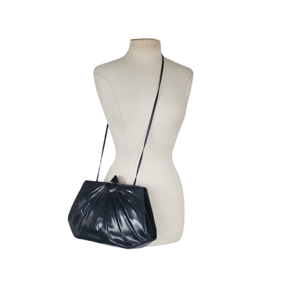 Vintage 80s Art Deco Purse Shoulder Bag / Clutch Navy Blue Leather Jay Herbert