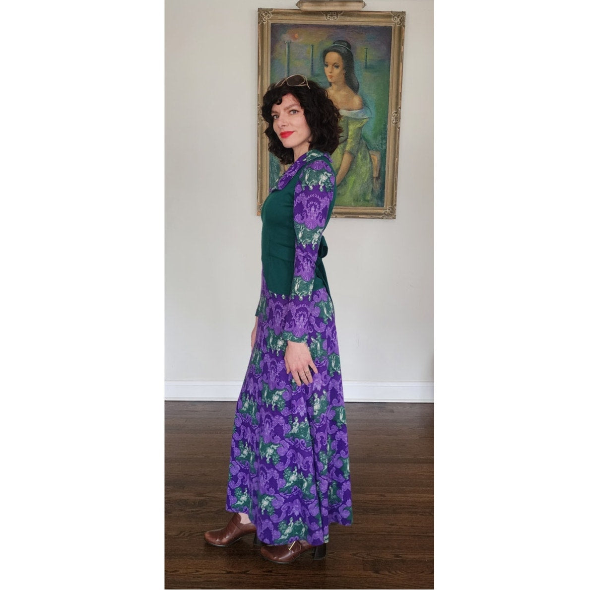 Vintage 70s Maxi Dress Purple & Green French Toile Print Baroque Rococo