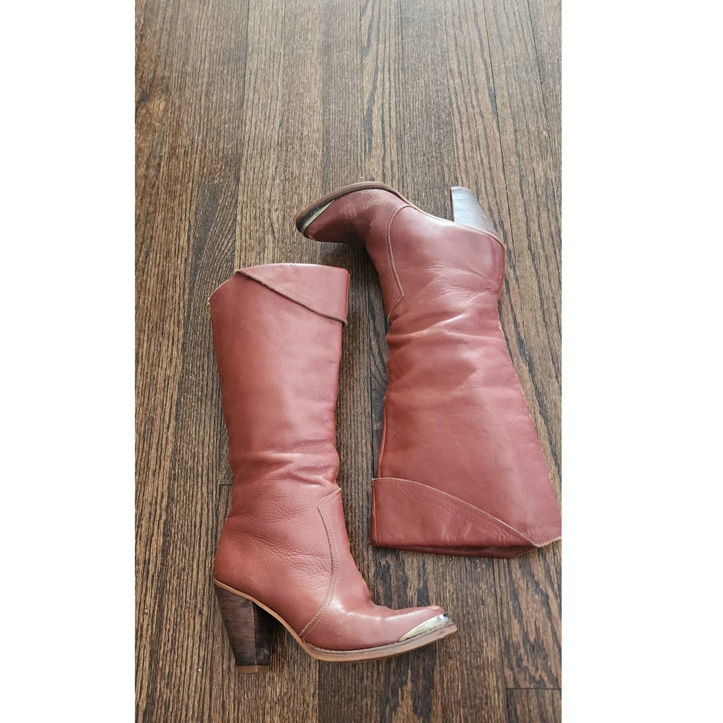 Vintage 70s Knee Boots Brown Leather High Heels Circle S Size 7