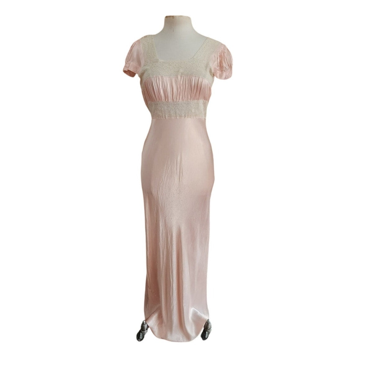 Vintage 30s Pale Pink Silk & Lace Bias Cut Nightgown Dress Long Slip Old Hollywood M