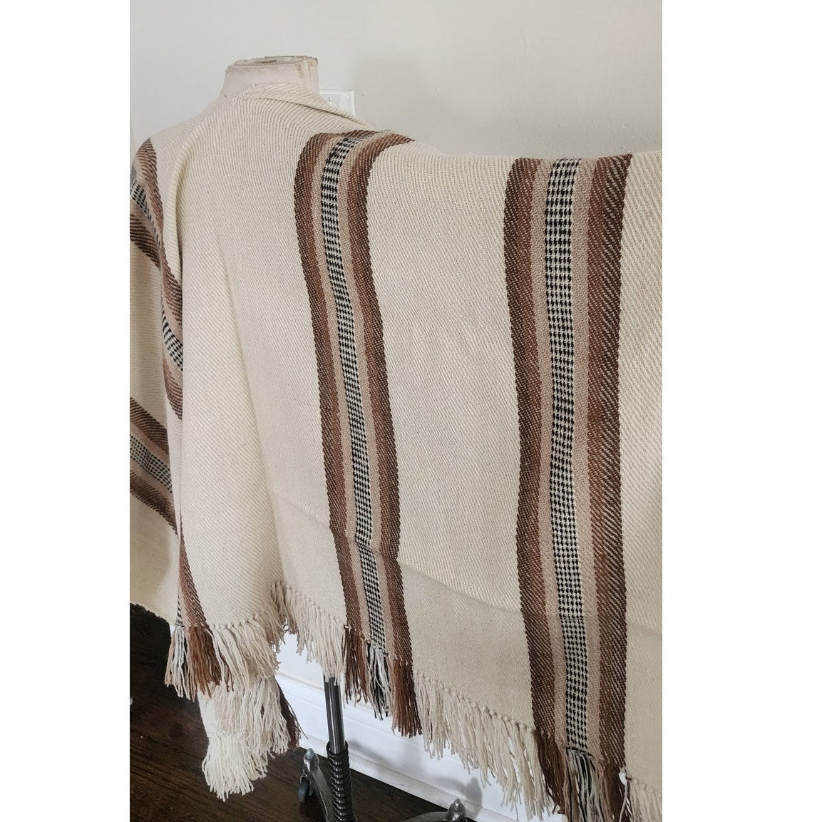 Vintage Poncho Fringed Alpaca Wool Ruana Cream w/Brown Stripe Southwestern Style