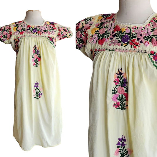 Vintage 60s Mexican Dress Floral Embroidery Pale Yellow