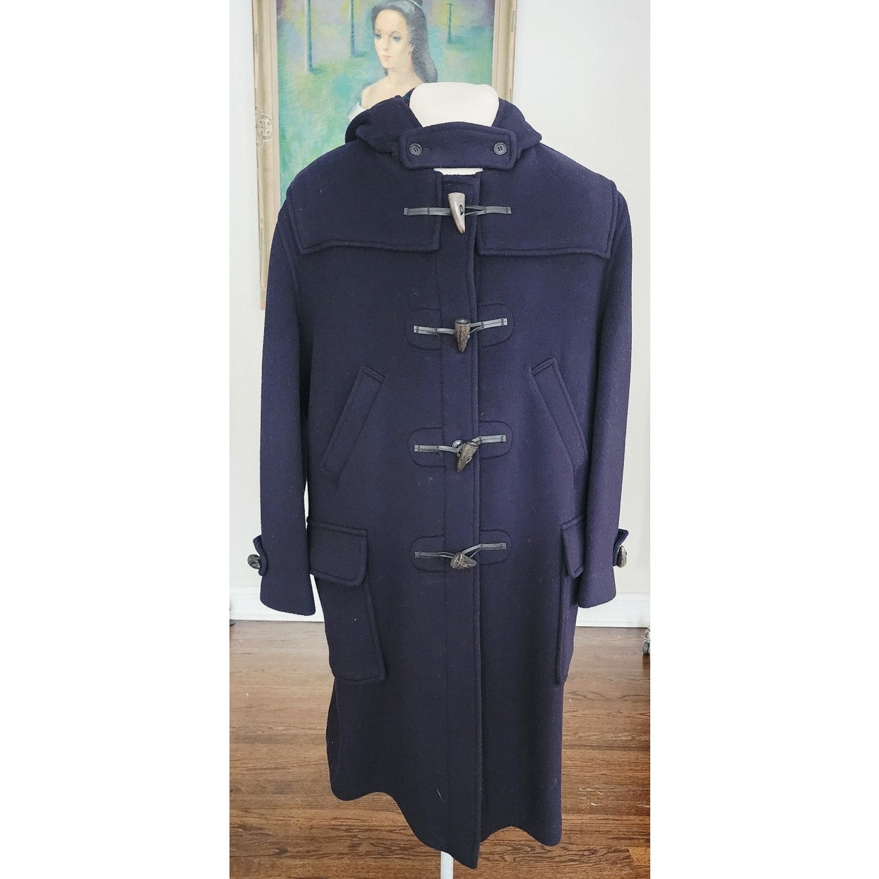 Vintage 1990s Mens Duffle Coat Lands End Navy Blue Wool Hooded w/Toggle Closure