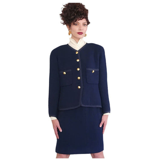 80s Chanel Skirt Suit Navy Blue Wool Boucle Gold Buttons