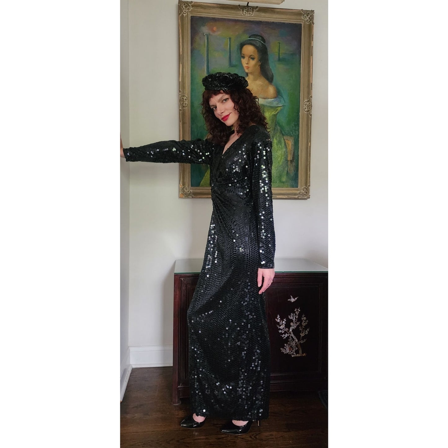 Vintage 1980s Black Sequined Evening Dress Oleg Cassini / M