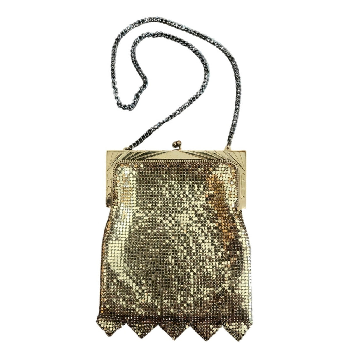 Vintage 1950s Whiting Davis Bag Gold Mesh Evening Party Purse Zigzag Hem Art Deco
