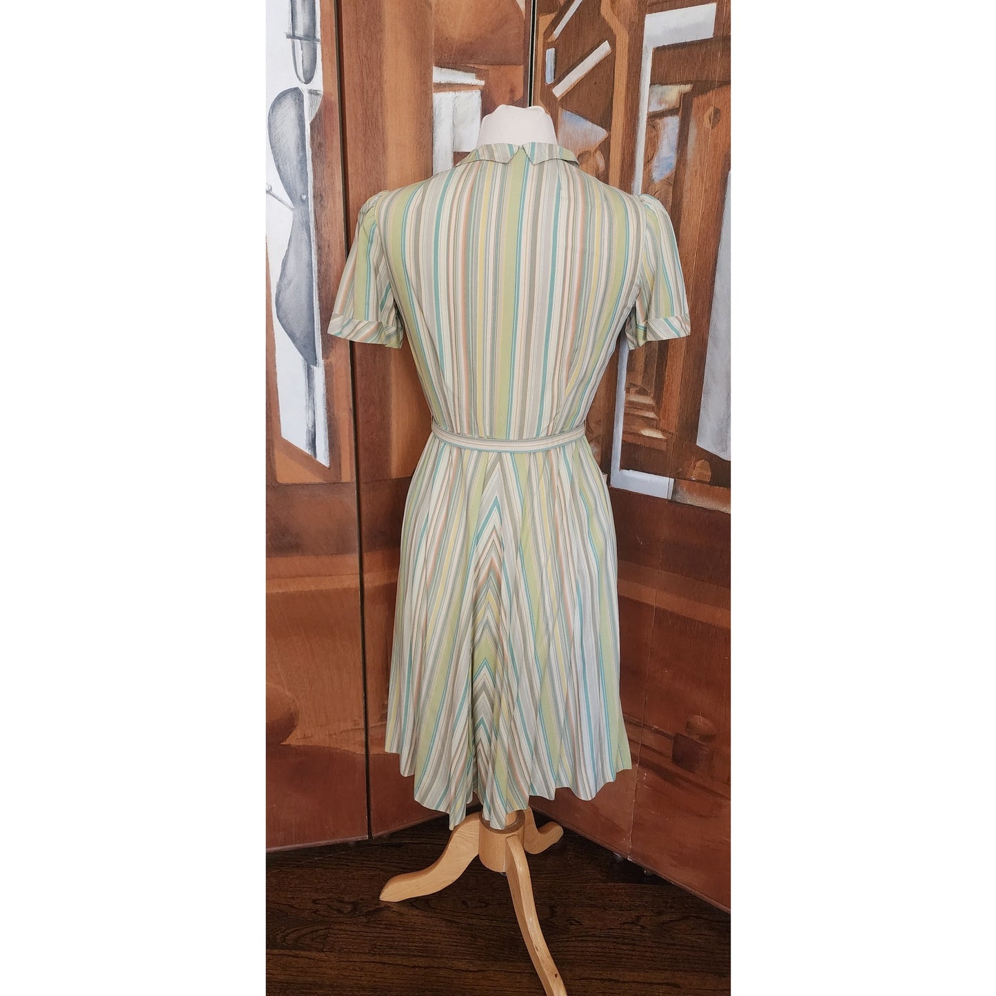 Vintage 40s 50s Pastel Green Blue Striped Day Dress w/Pocket & Belt Short Sleeves