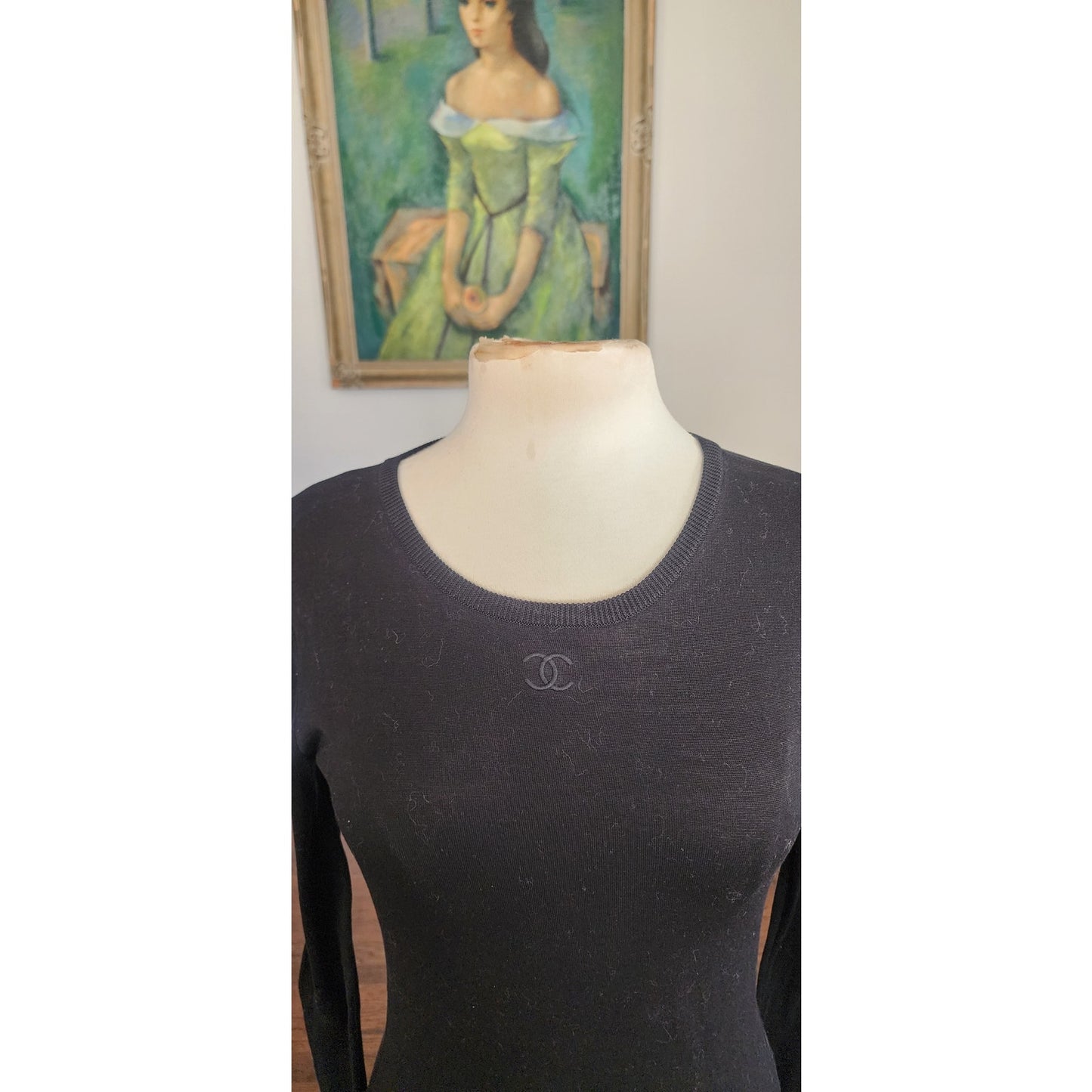 Vintage 1990s CHANEL Sweater Black Cotton Long Sleeve Top CC Logo / FR 40