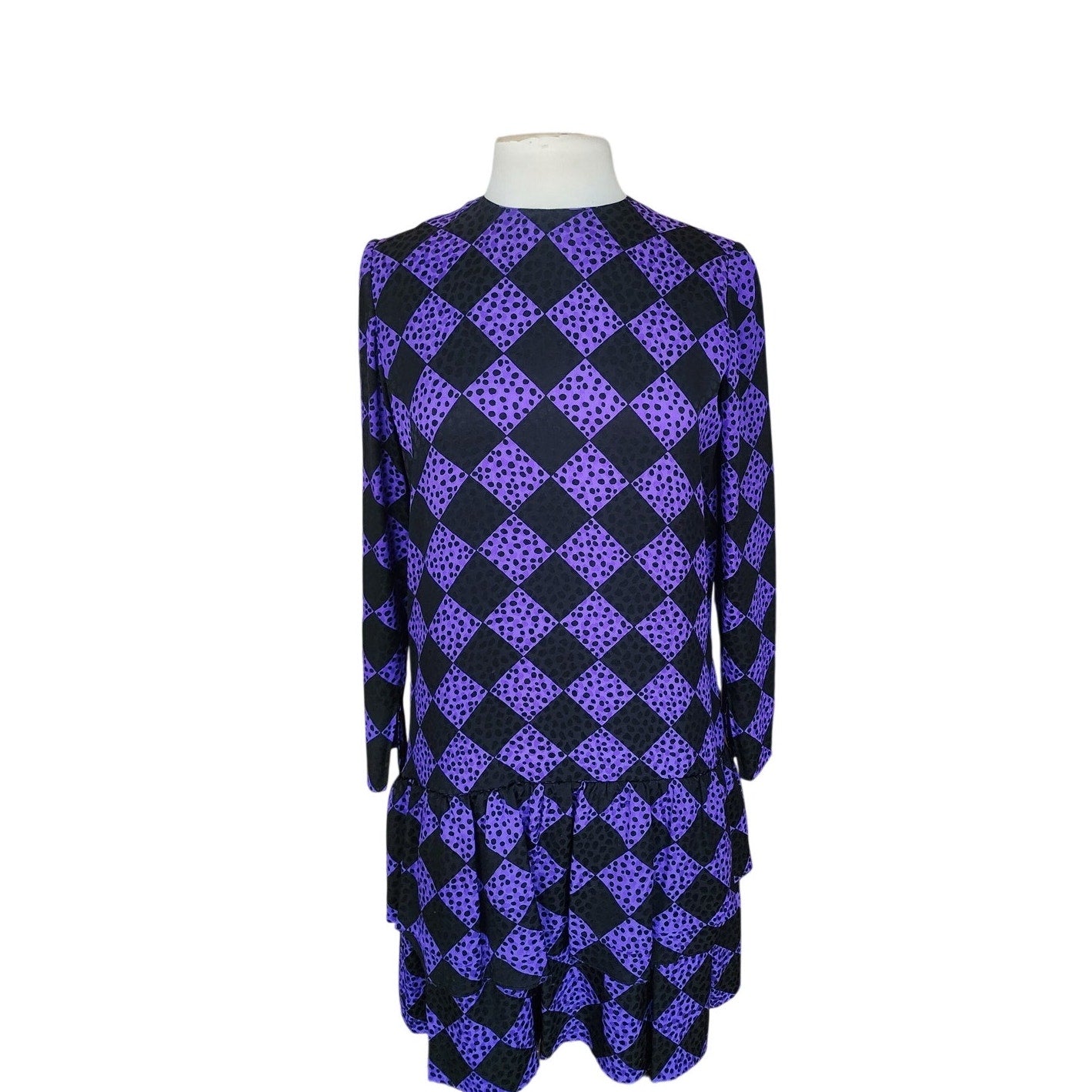 Vintage 80s GIVENCHY Silkprint Dress Purple Black Harlequin Diamonds Long Sleeved