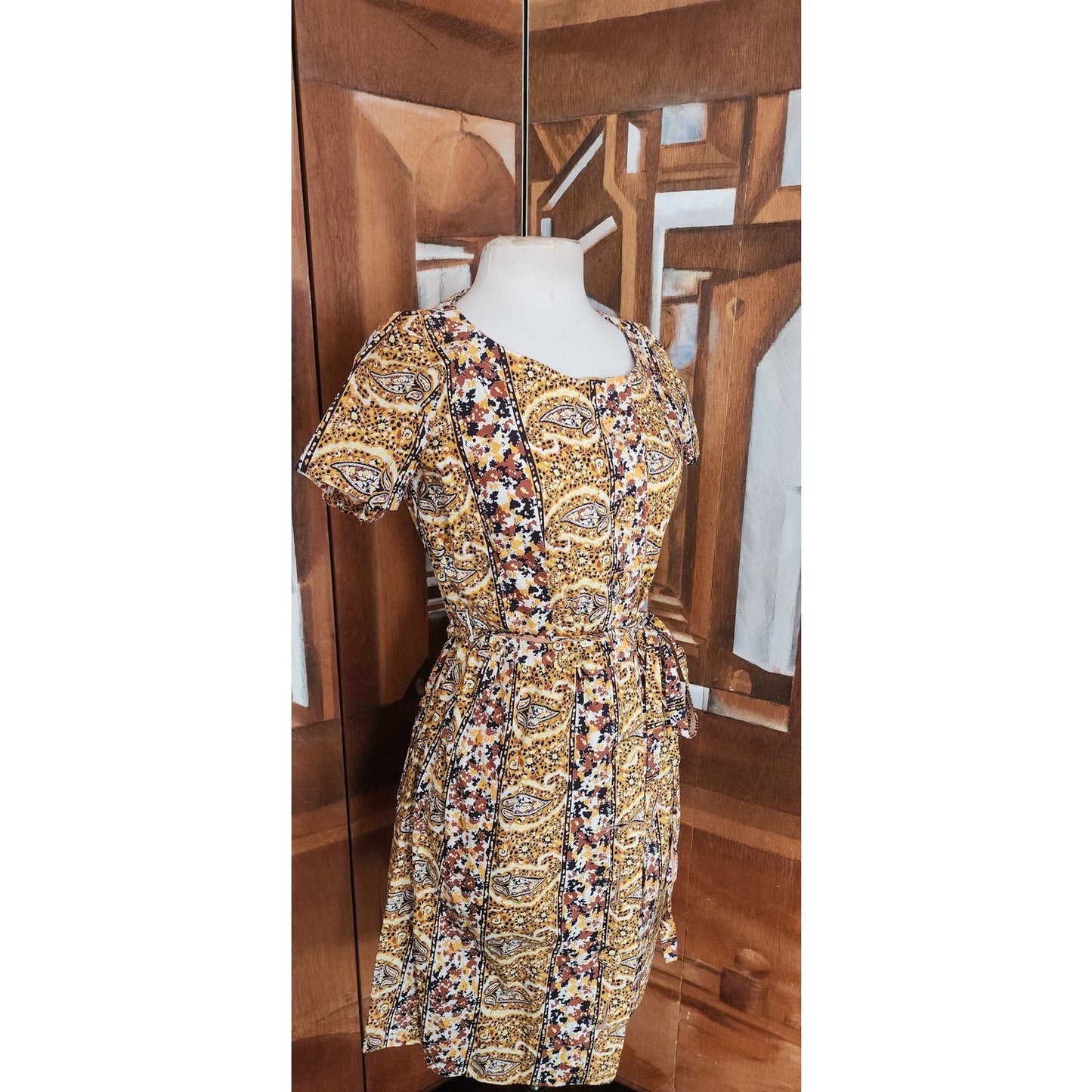 Vintage 50s Cotton Print Day Dress Yellow Black Paisley Print Shirtdress / M