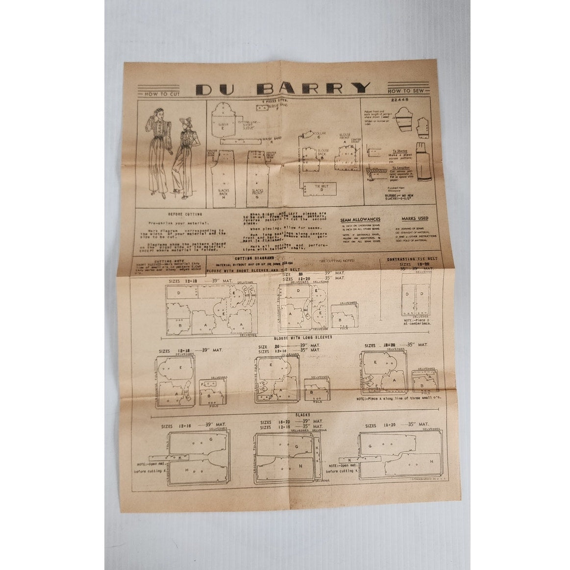 Vintage 30s Sewing Pattern Slacks & Blouse: DuBarry 2244B Bust 36