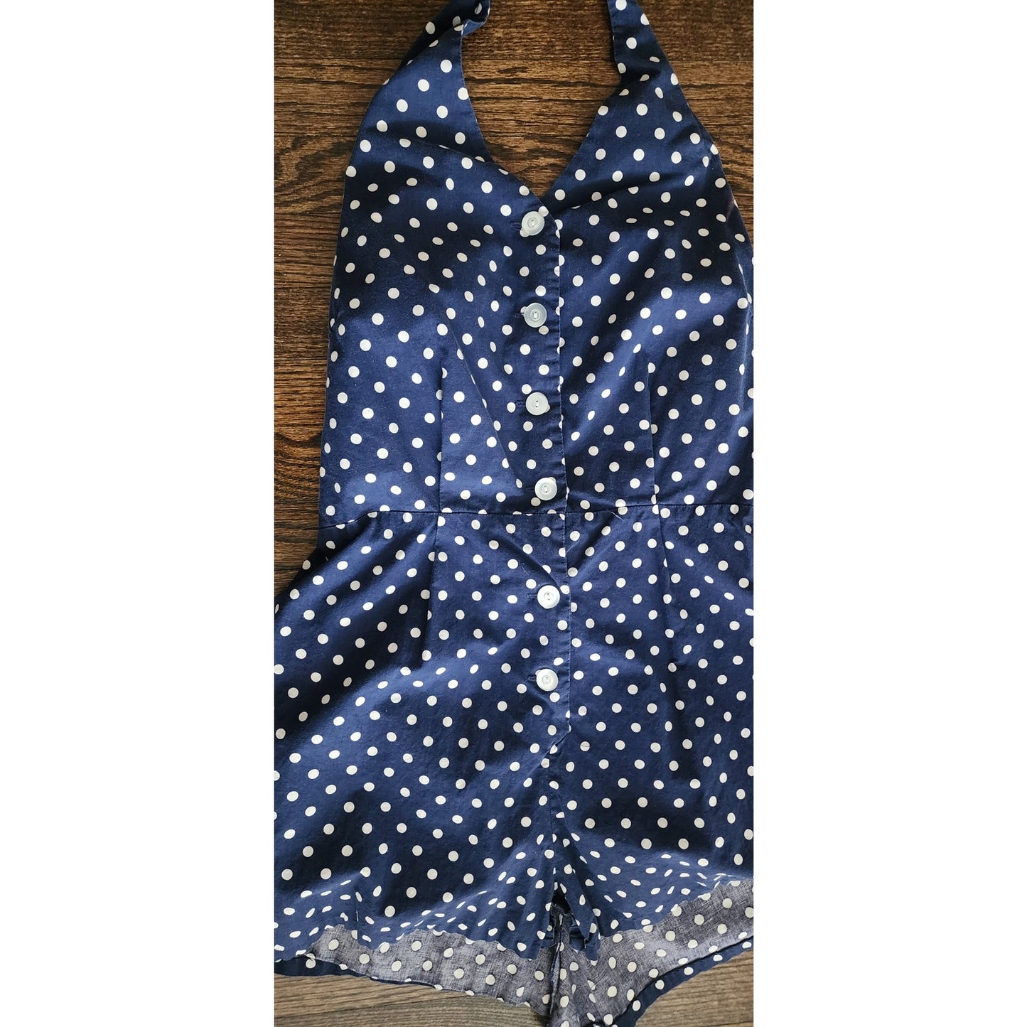 Vintage 70s Romper Polkadot Cotton Print Navy Blue White Halter Top Open Back Sz LARGE