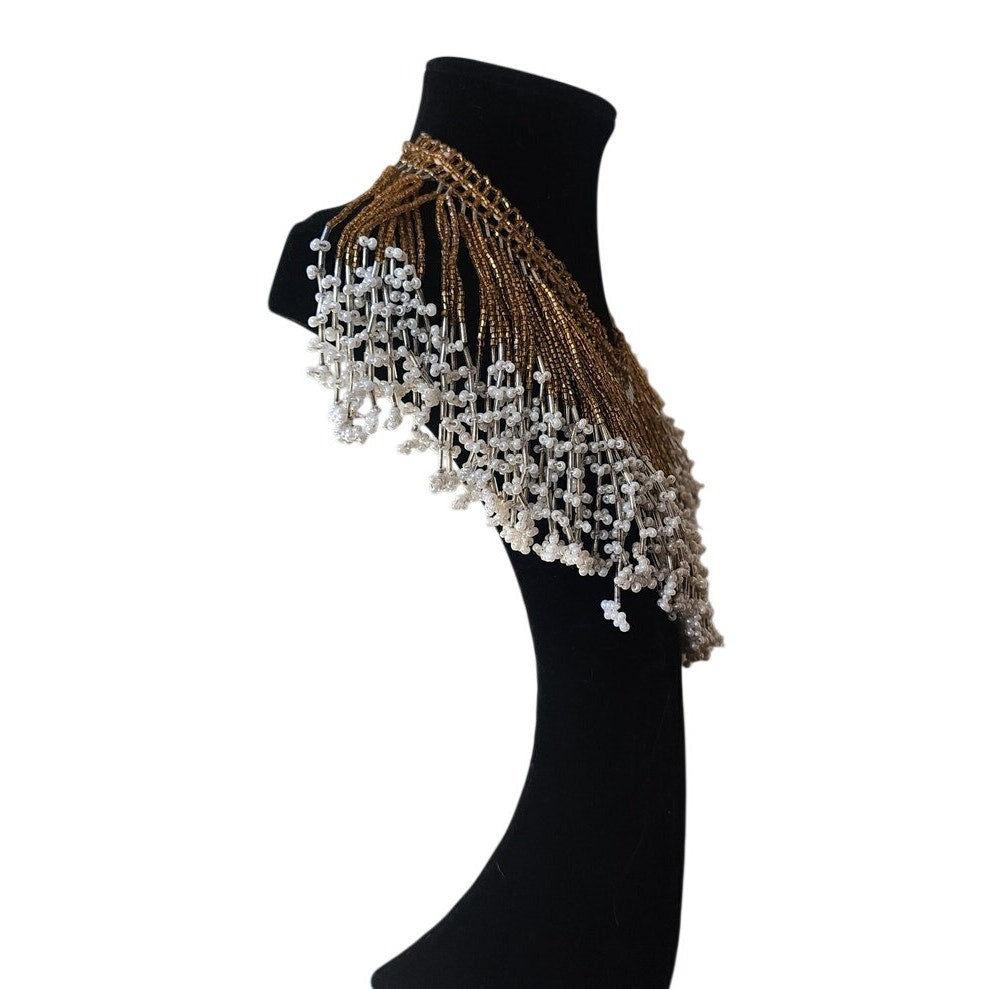 Vintage Bib Necklace Boho Fringed Collar Gold Glass Faux Pearl Beads