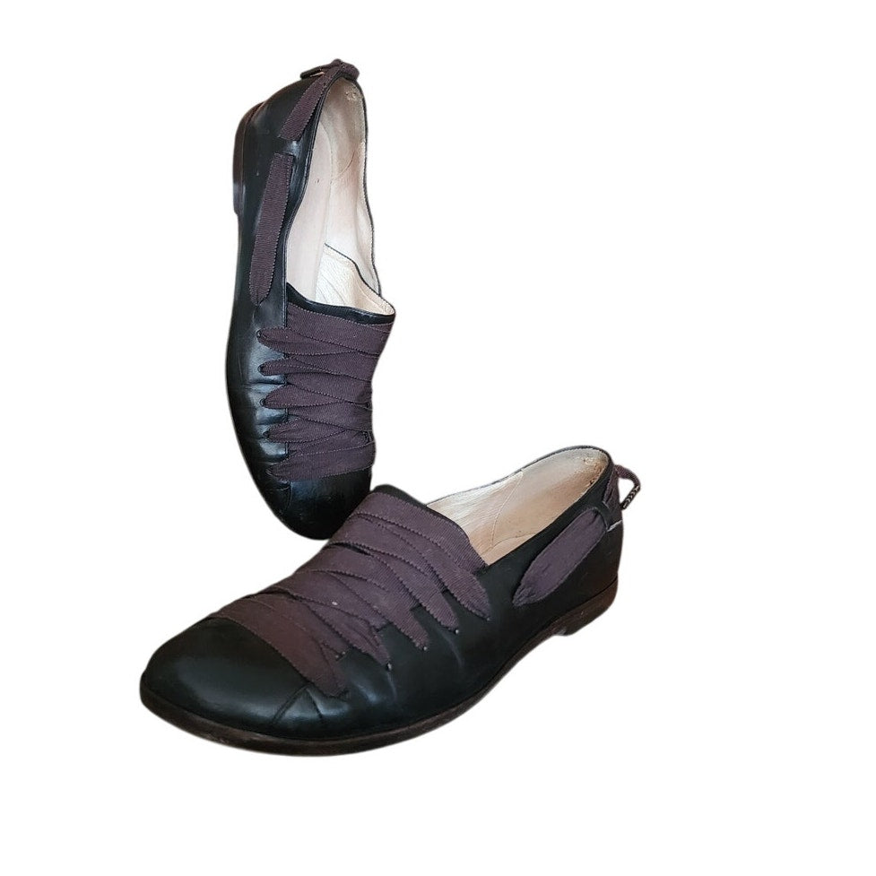 Vintage 1990s Dries Van Noten Shoes Black Leather Ballerina Flats Crisscross Ribbon Straps 39