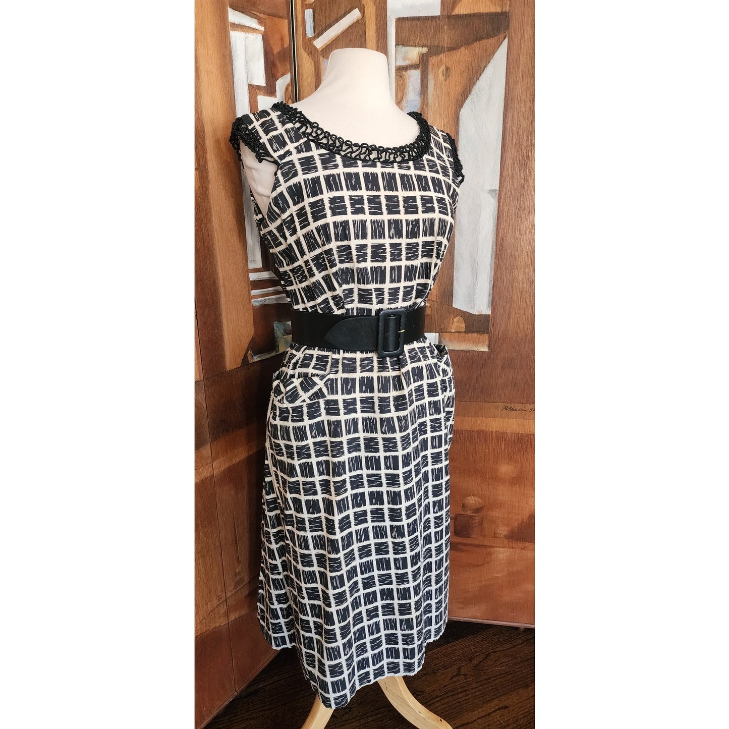 Vintage 50s Cotton Print Dress Black White Check Belted / M to L