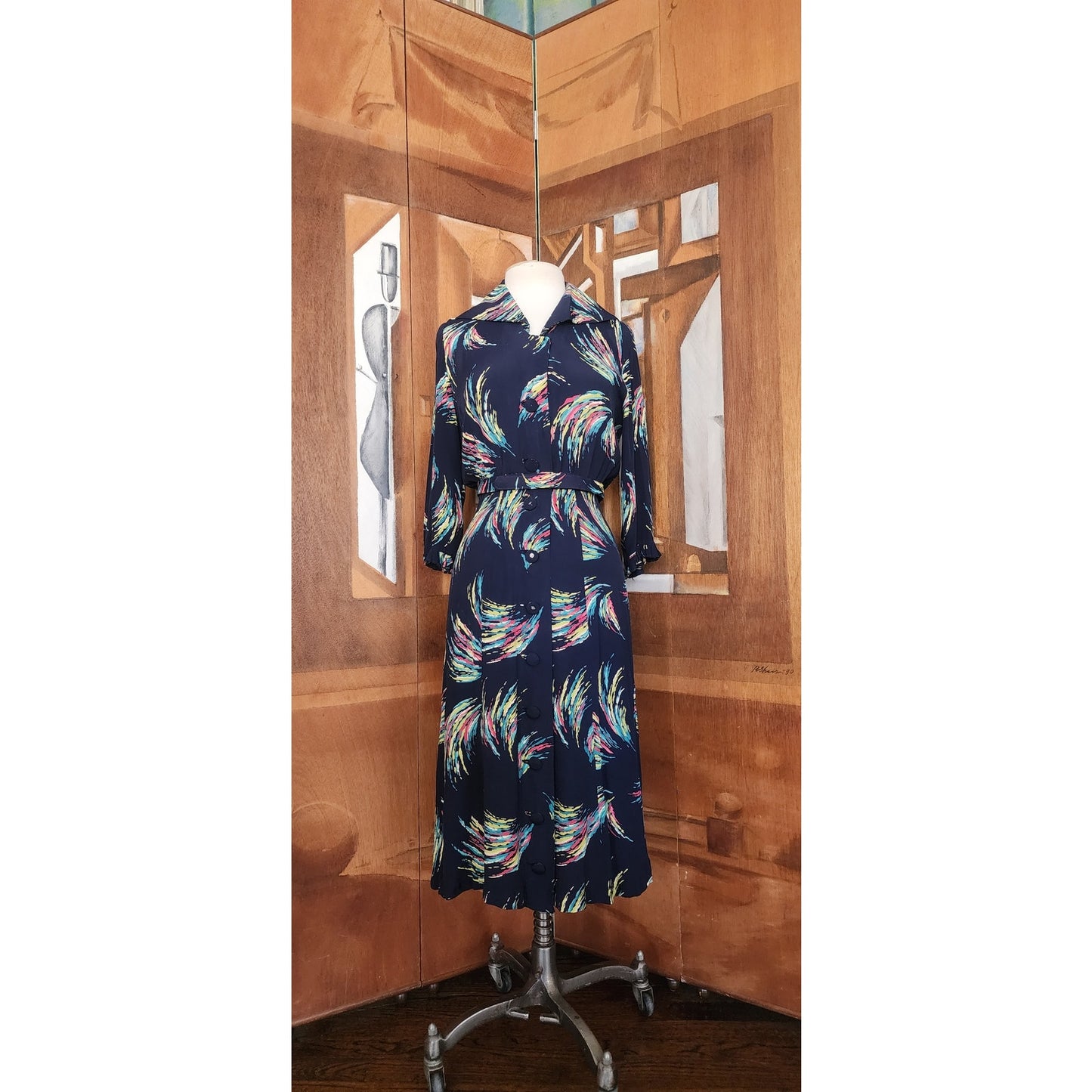 Vintage 40s Rayon Print Midi Dress Navy Blue Painterly Print / S