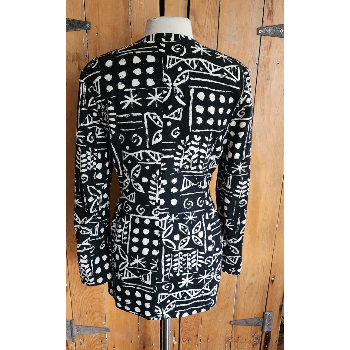Vintage 80s Blazer Black White Bold Graphic Print Raw Silk