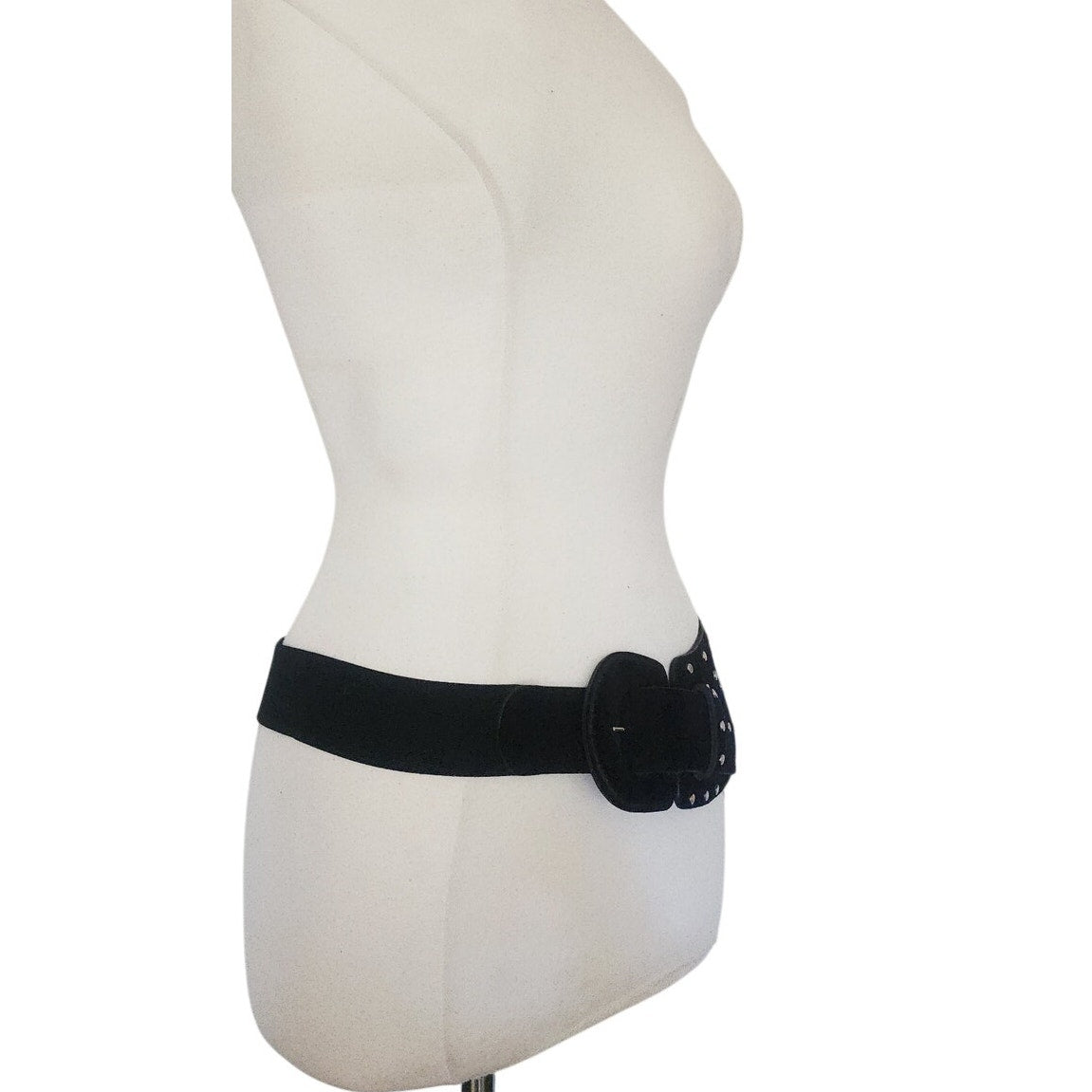 Leather Shop Belt Black Leather Studded Asymmetric Front Elastic Waist Gold Tone