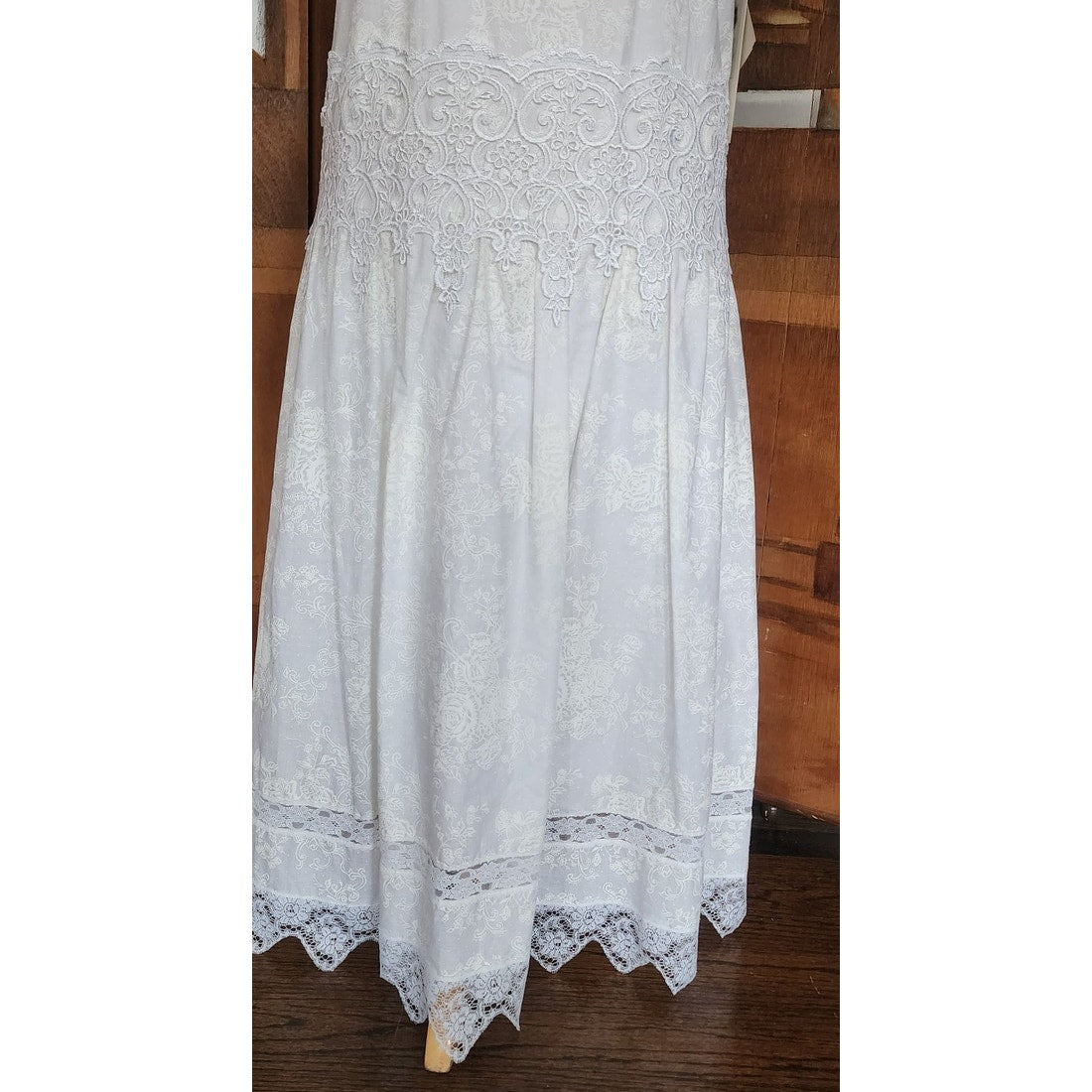 Vintage 80s Scott McClintock White Lace Dress Drop Waist Puffed Sleeves NWT