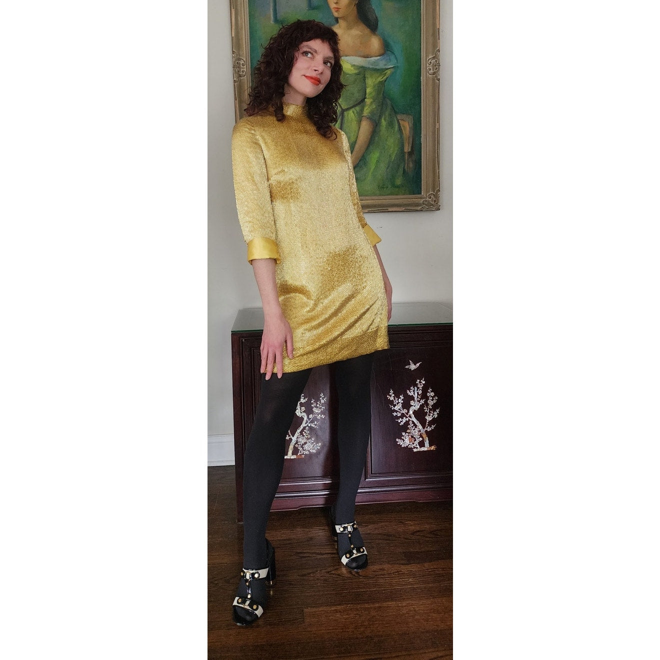 Vintage 60s Gold Mini Dress w/Belt Doreen Lok / S