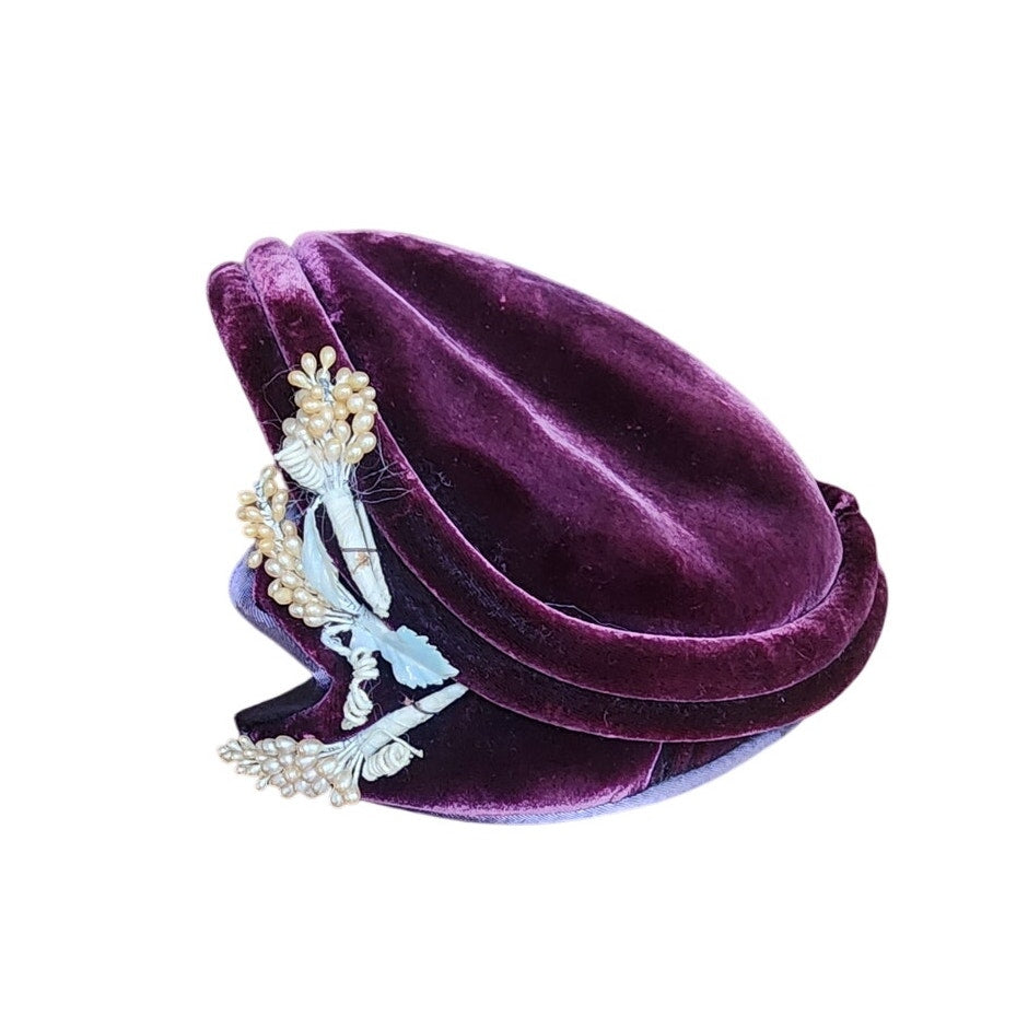 Vintage 50s Hat Burgundy Red Velvet w/Beaded Floral Trim by Anne Savel