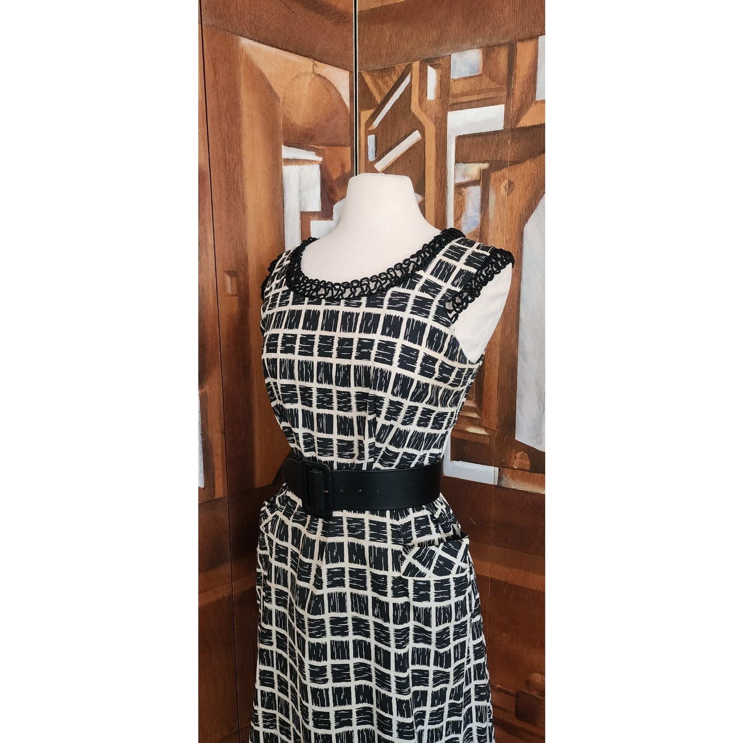 Vintage 50s Cotton Print Dress Black White Check Belted / M to L