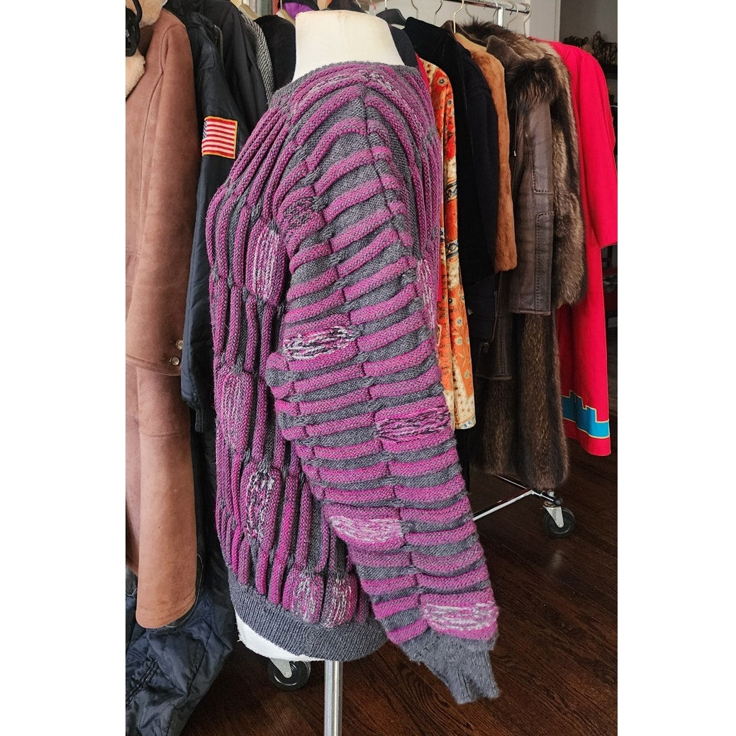 Vintage 1980s Ros Joffe Sweater Mens Purple Black Wool 3D Novelty Knit / M