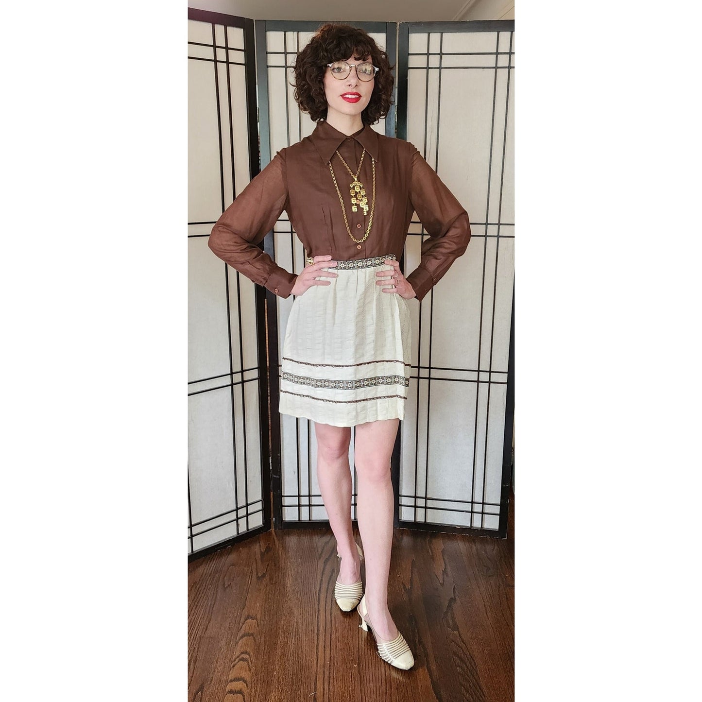 Vintage 60s Day Dress Brown Cream Long Sleeved