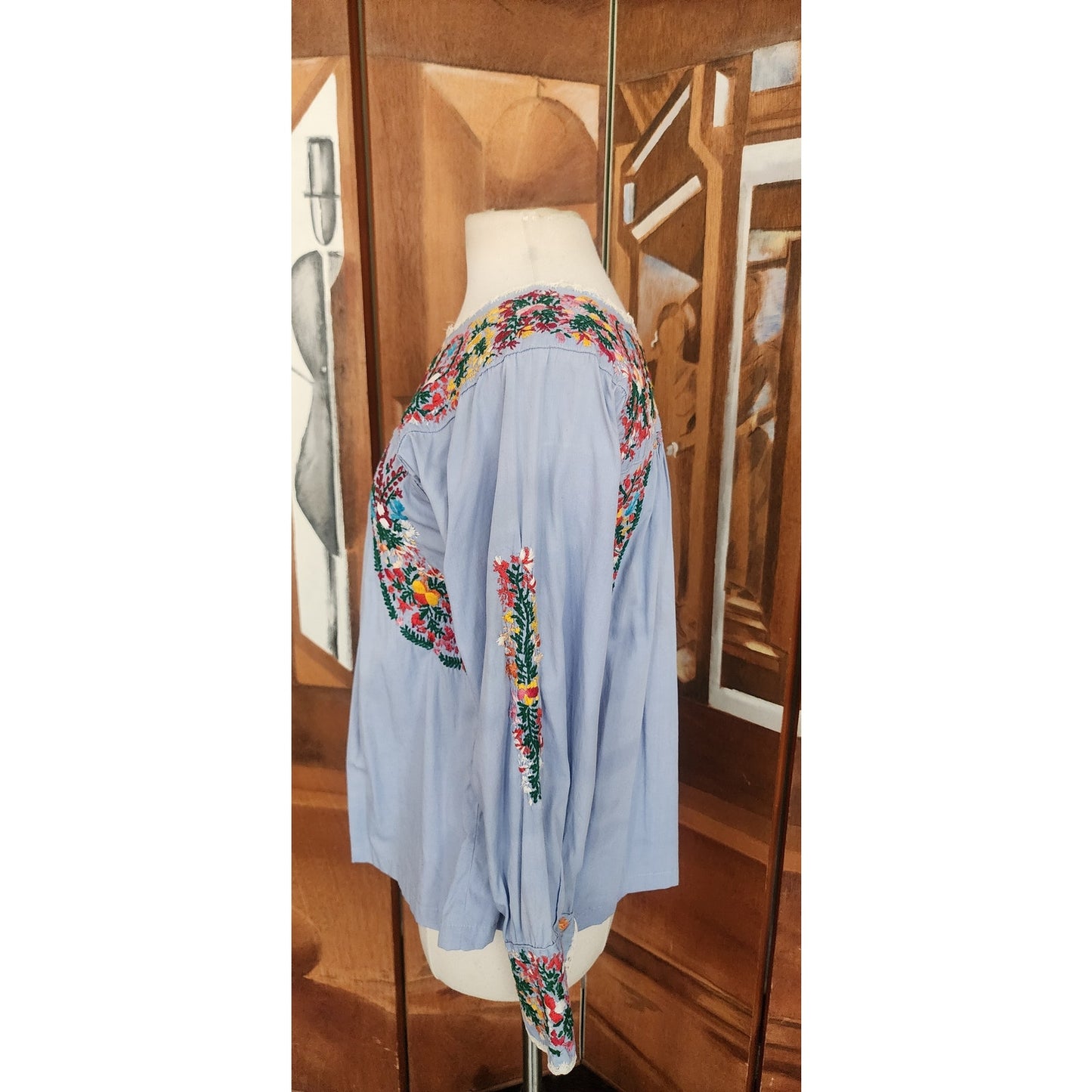 Vintage 1970s Oaxaca Mexico Shirt Peasant Blouse  Embroidered Folk Art