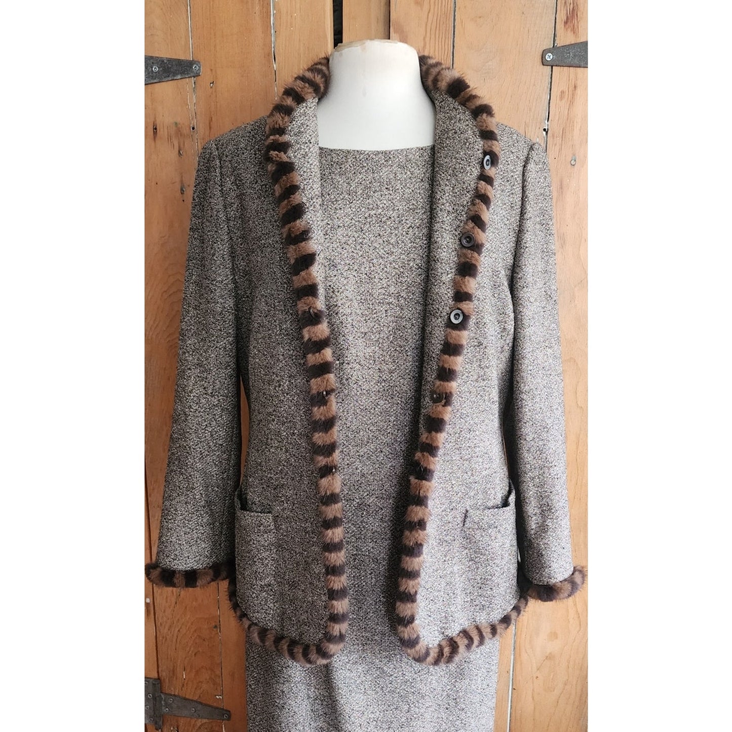 Vintage ESCADA Dress + Jacket Suit Set Alpaca Blend Wool Tweed Striped Mink Fur Trim / L