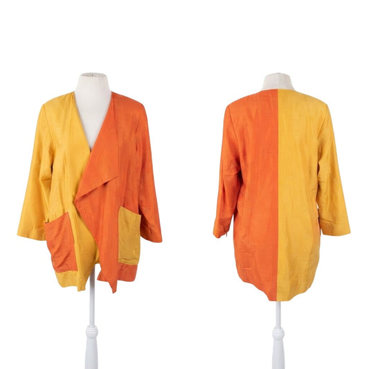 VTG 90s Duster Jacket Silk Yellow Orange Colorblock Blazer Victoria March Chicago