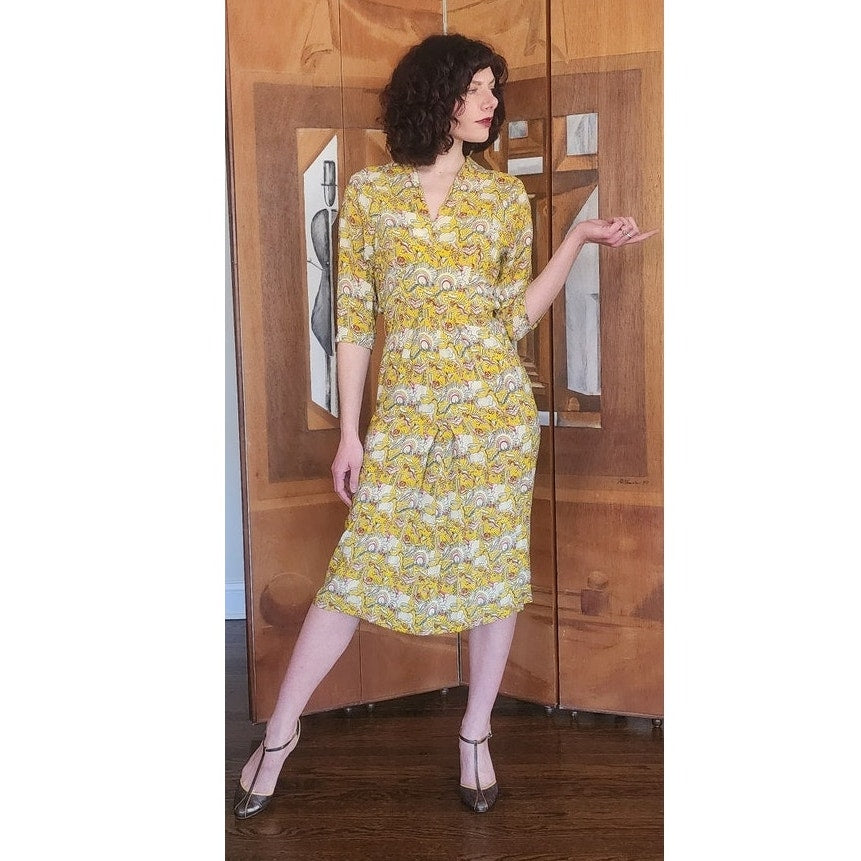 Vintage 40s Yellow Rayon Novelty Print Midi Dress XS