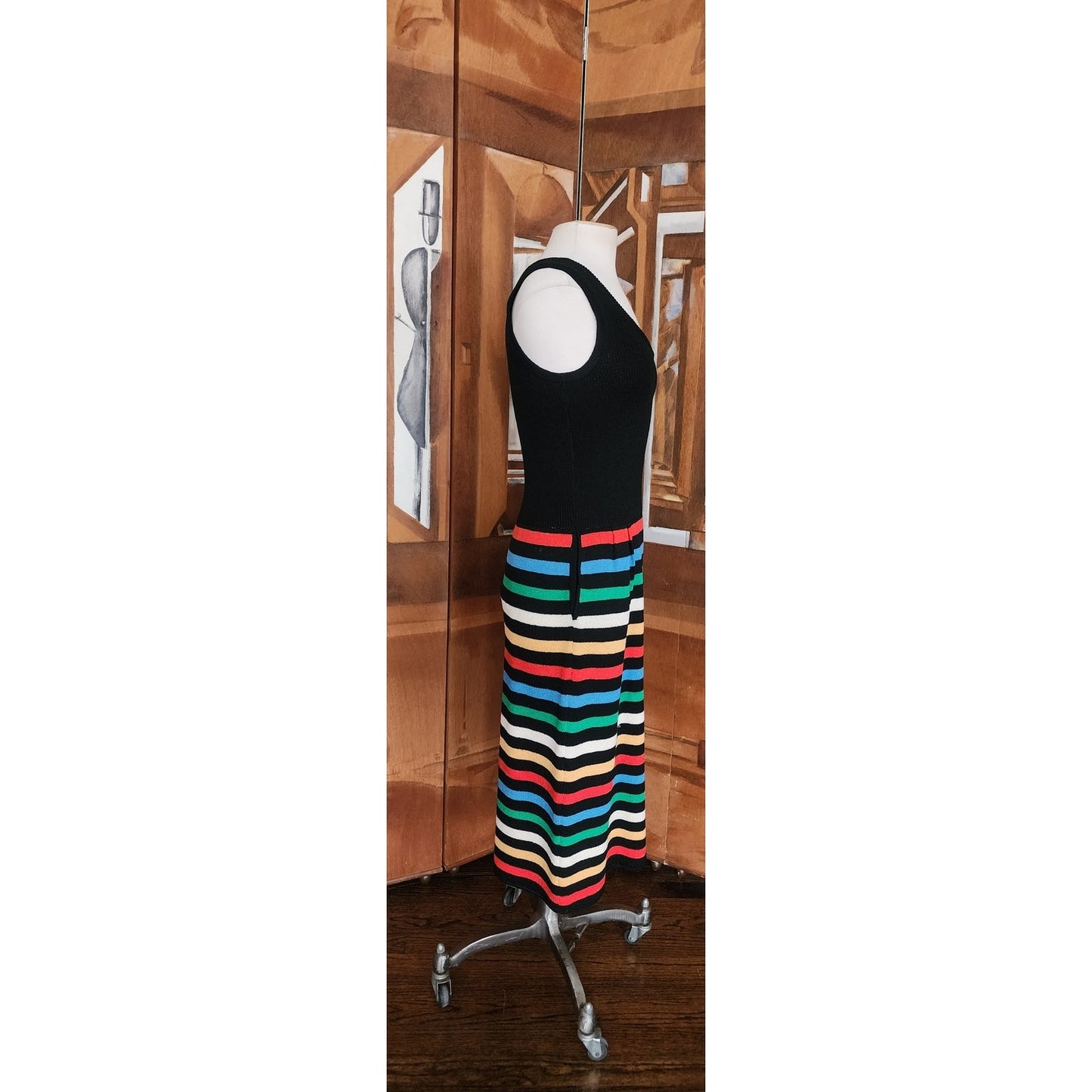 Vintage 70s St John Knit Dress + Bolero Jacket Set Black w/Rainbow Stripe