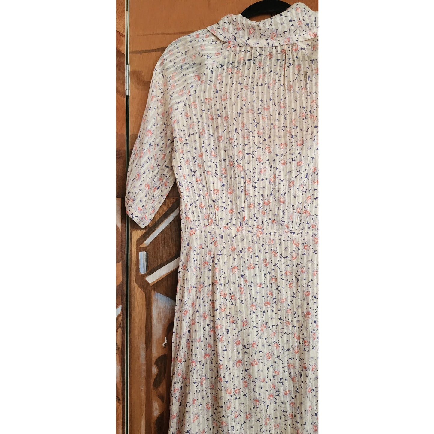 Vintage 30s Silk Day Dress Short Sleeves Speckled Floral Print Large Red Buttons