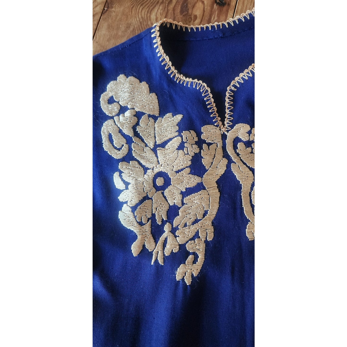 Vintage 70s 80s Royal Blue Gold Embroidered Tunic Top Sequin Caftan Blouse