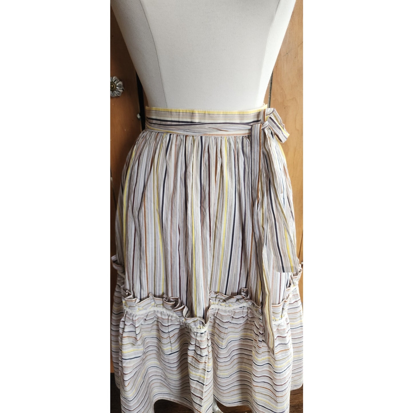 Vintage 70s Christian Dior Skirt Striped Cotton Print White Yellow Black  / S