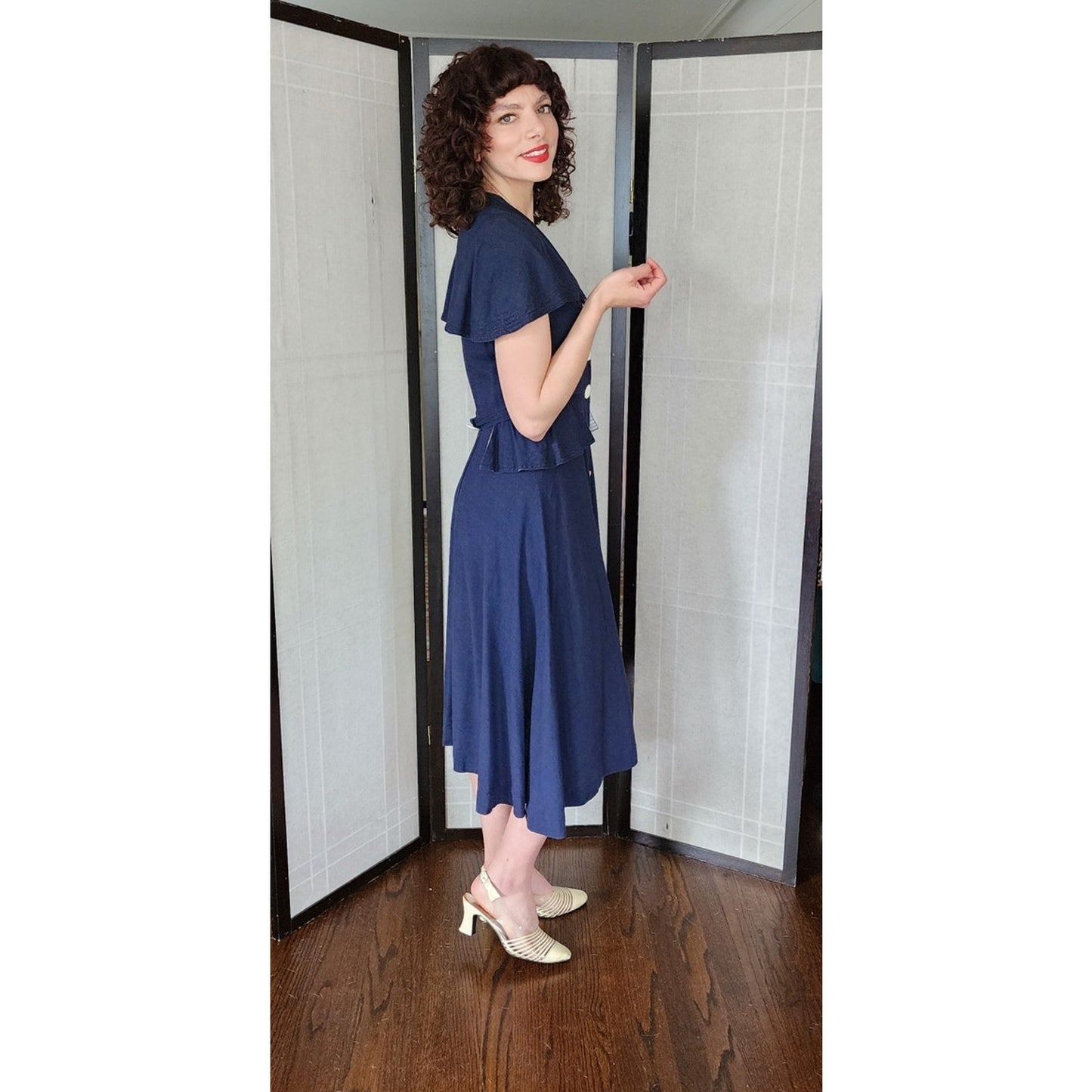 Vintage 40s Navy Blue Summer Dress White Buttons Shawl Collar