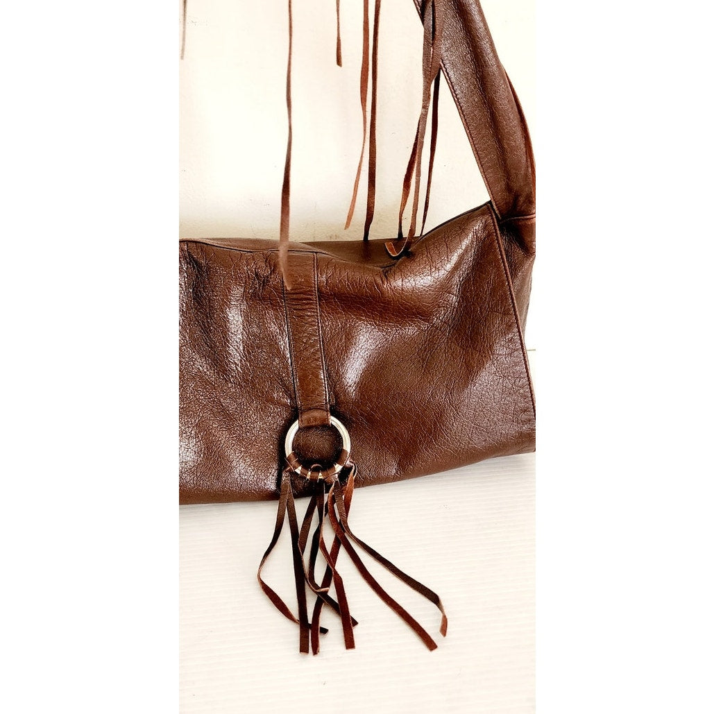 Vintage 2000s BCBG Brown Leather Shoulder Bag w/Fringe