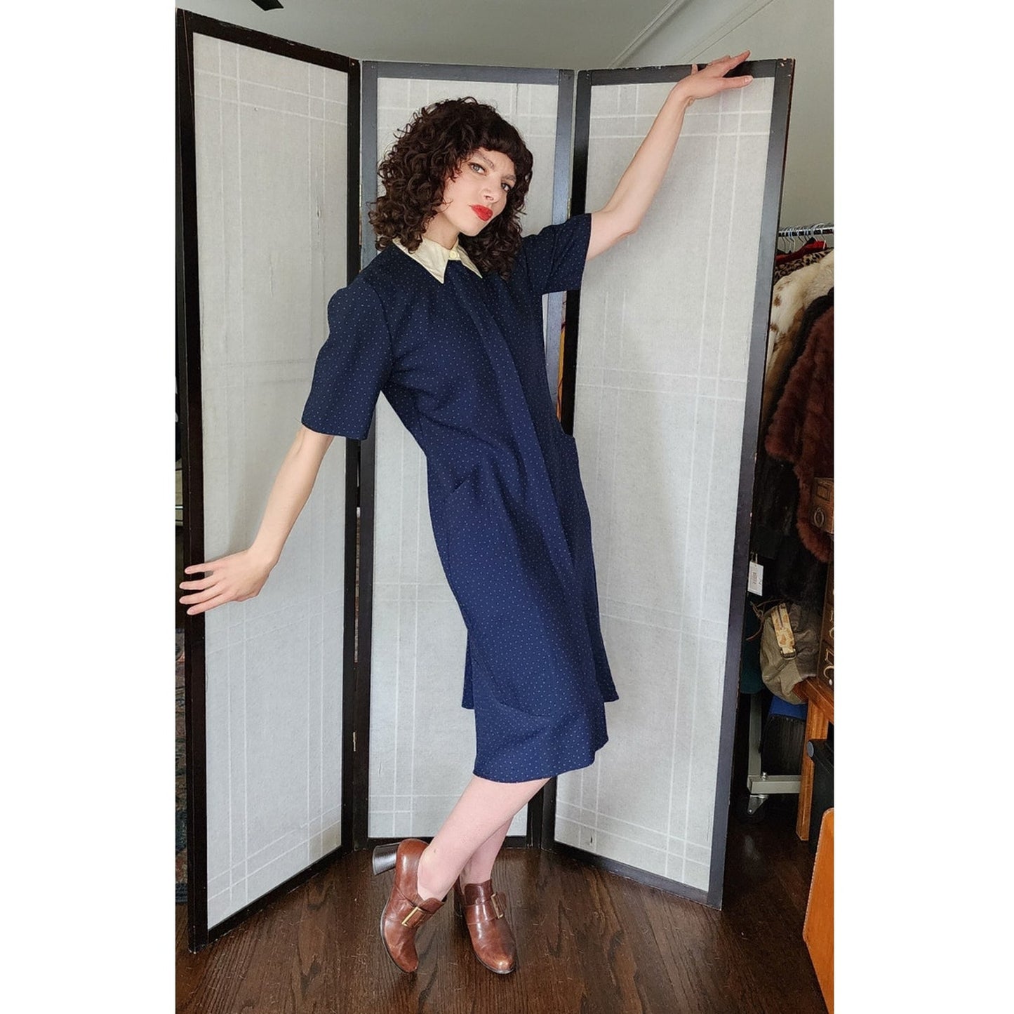Vintage 80s Krizia Dress Navy Blue White Micro Dot Print White Collar