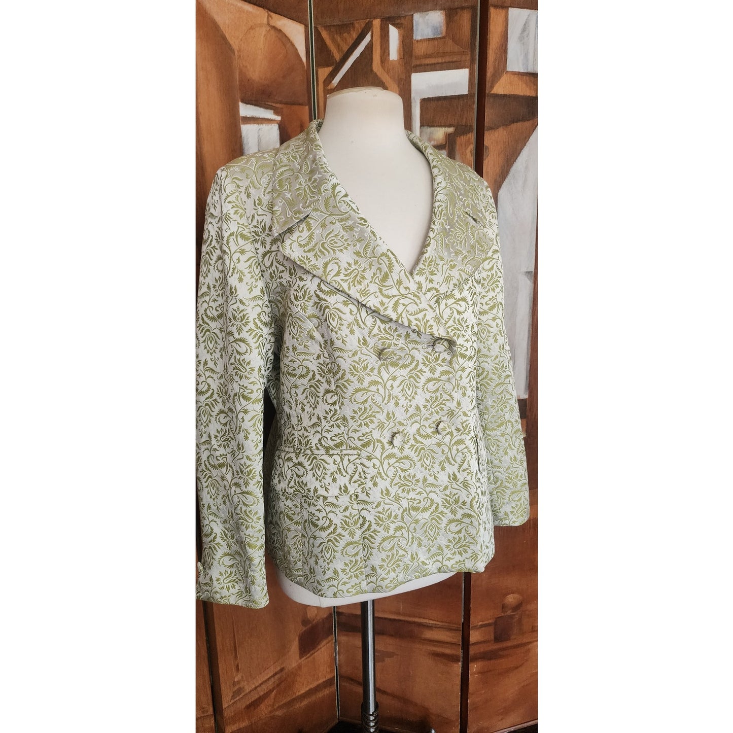 Vintage 1980s ESCADA COUTURE Blazer Green Leaf Print Jacket Double Breasted 40