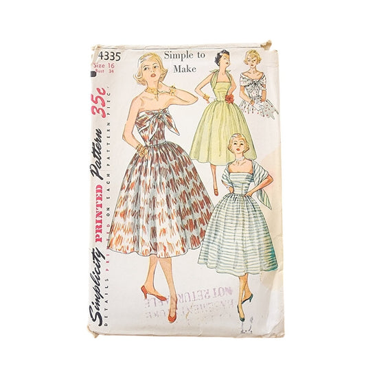 Vintage 50s Sewing Pattern: Dress with Attached Scarf Simplicity 4335