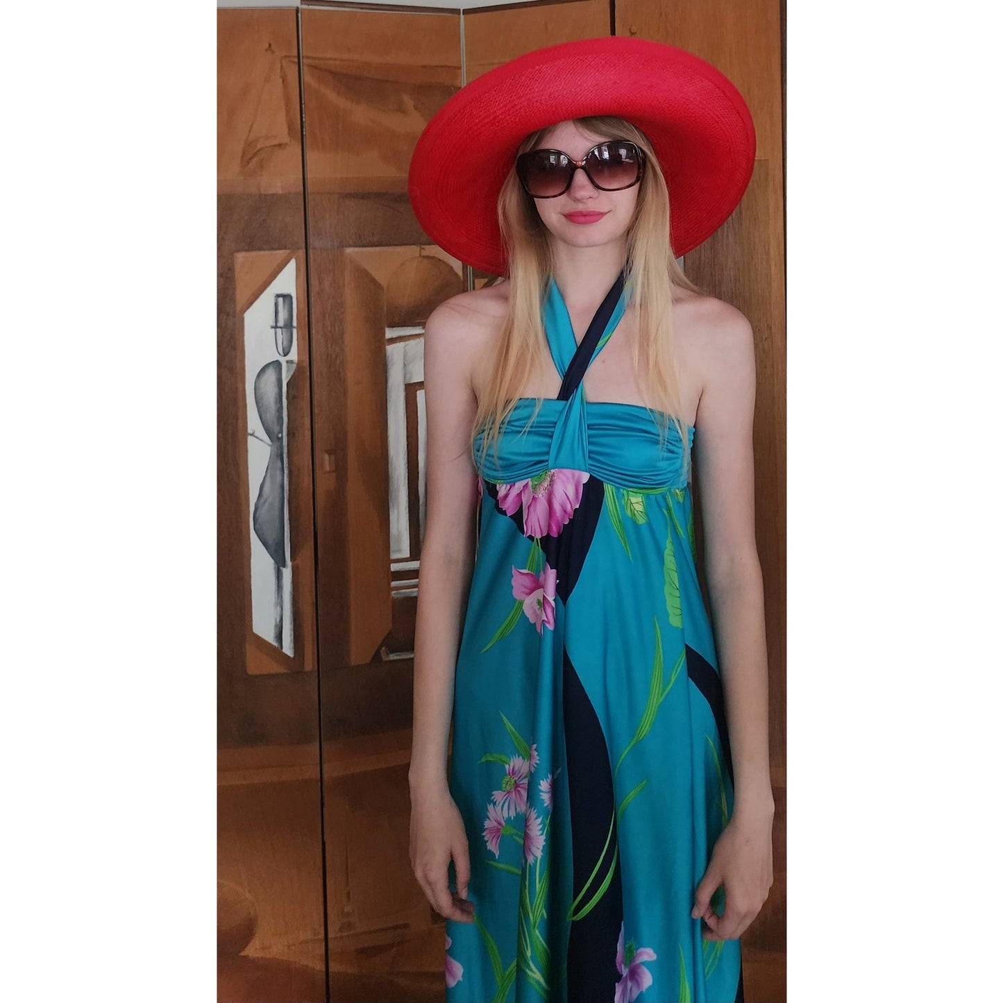 Vintage 1980s Kokin Hat Wide Brim Sun Straw Fuchsia Red Black Summer Oversized
